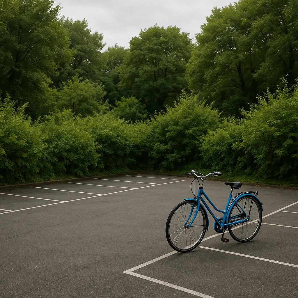 Vacant Parking Area Bordered by Dense Greenery