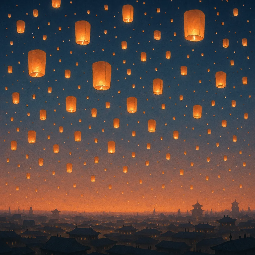 Countless Lanterns Ascend into the Twilight Sky