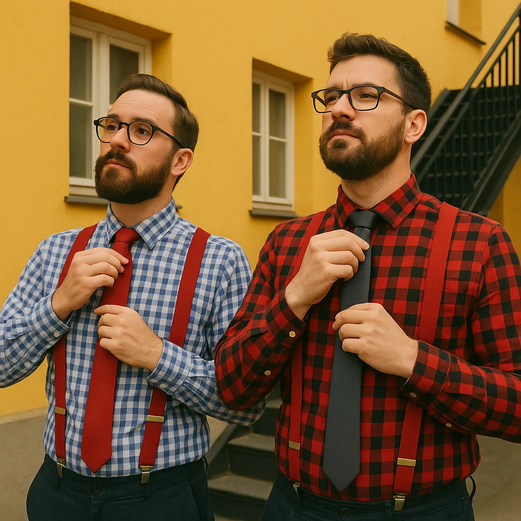 Two Men Wearing Red Suspenders