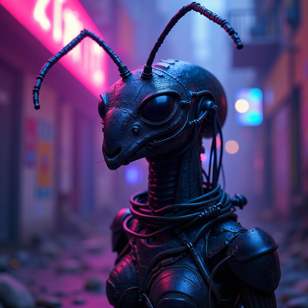 Neonpunk Ant Alien in Purple Blue Light