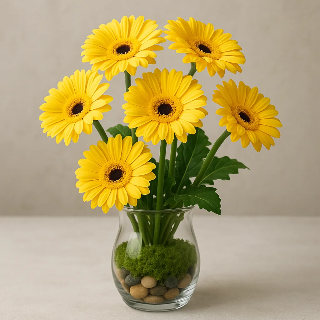 Yellow Gerbera Daisies Arranged in a Glass Vase with Moss
