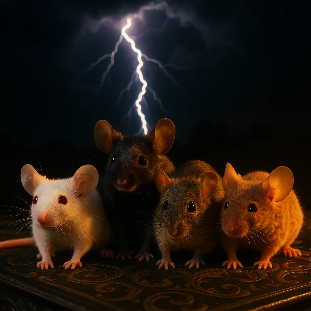 Four Distinct Mice—a Petite White Mouse with Pink Albino Eyes