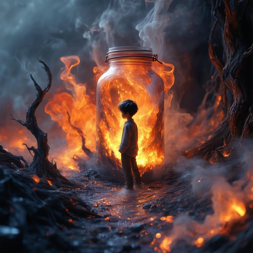3D Boy Aglow in a Fiery Dreamscape