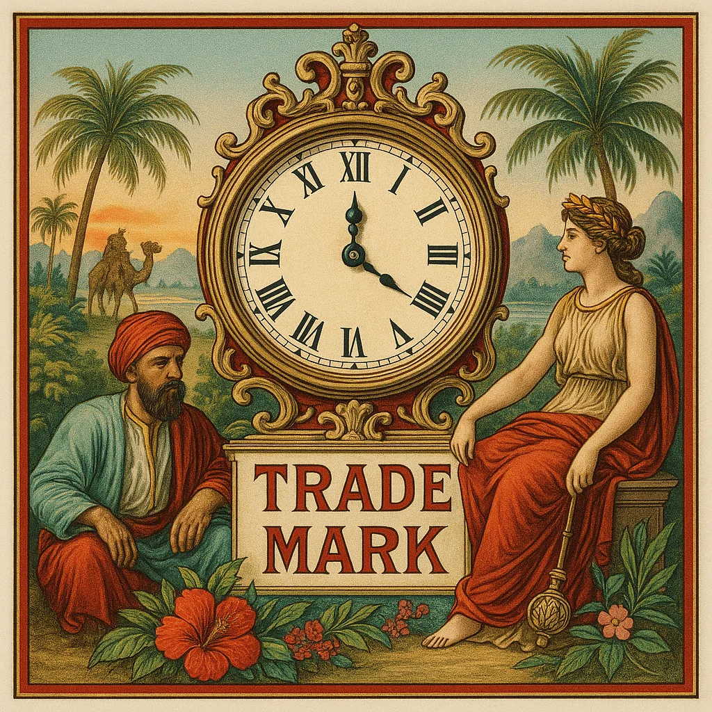 Decorative Advertisement Featuring a Large Ornate Clock