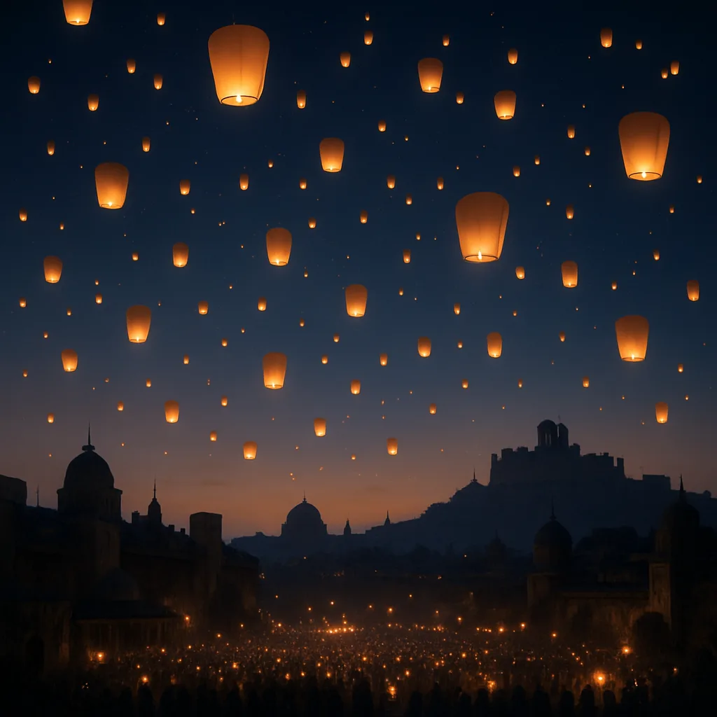 Multitude of Glowing Paper Lanterns Ascends into the Twilight Sky