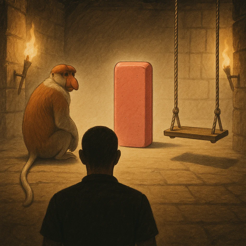 Diagrammatic and Informational Scene Unfolds Within Torch-lit Chambers