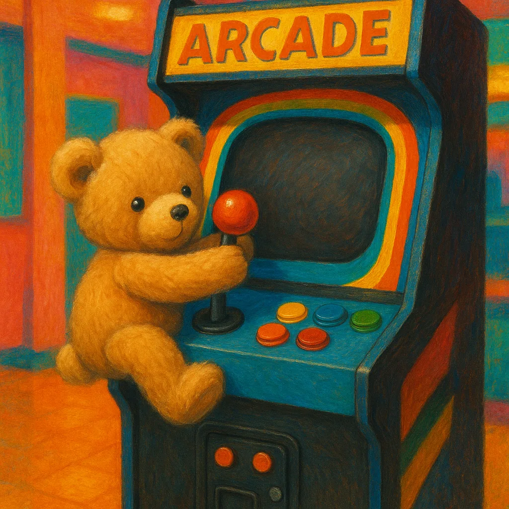 Teddy Bear Clinging to the Lever of a Vintage Arcade