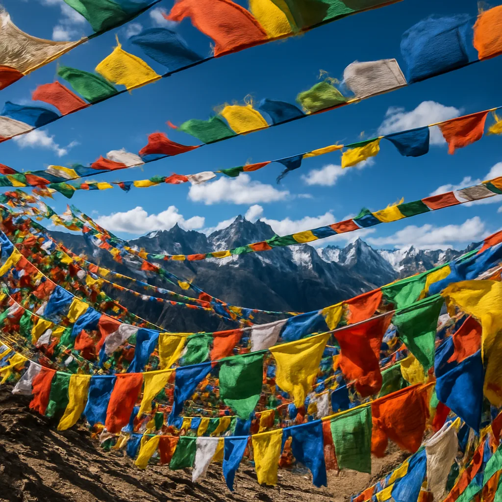 Hundreds of Colorful Prayer Flags Flutter Vigorously in the Wind