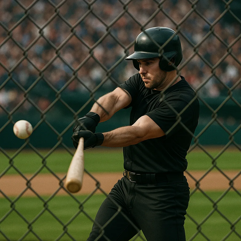 Baseball Player in Black Uniform Swings a Bat