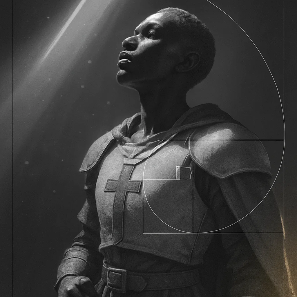 Androgynous Ebony Figure in Fantasy Medieval Garb Stands in Serene