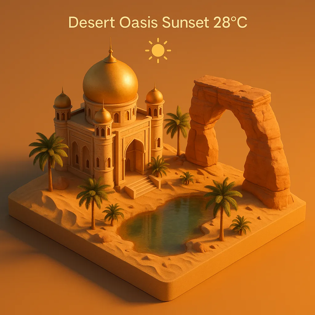 45-degree Bird’s-eye View of an Isometric Miniature Desert Oasis Scene