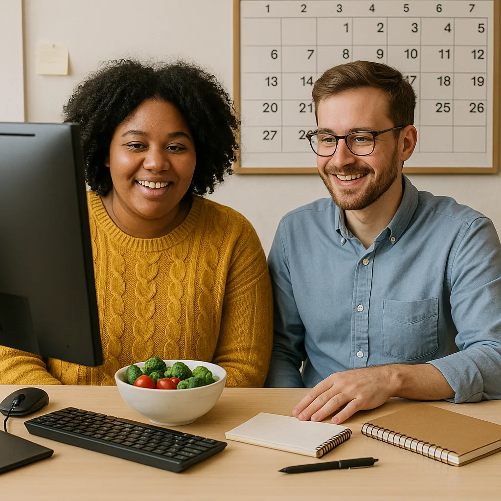 Two Individuals Sitting at a Desk with a Computer