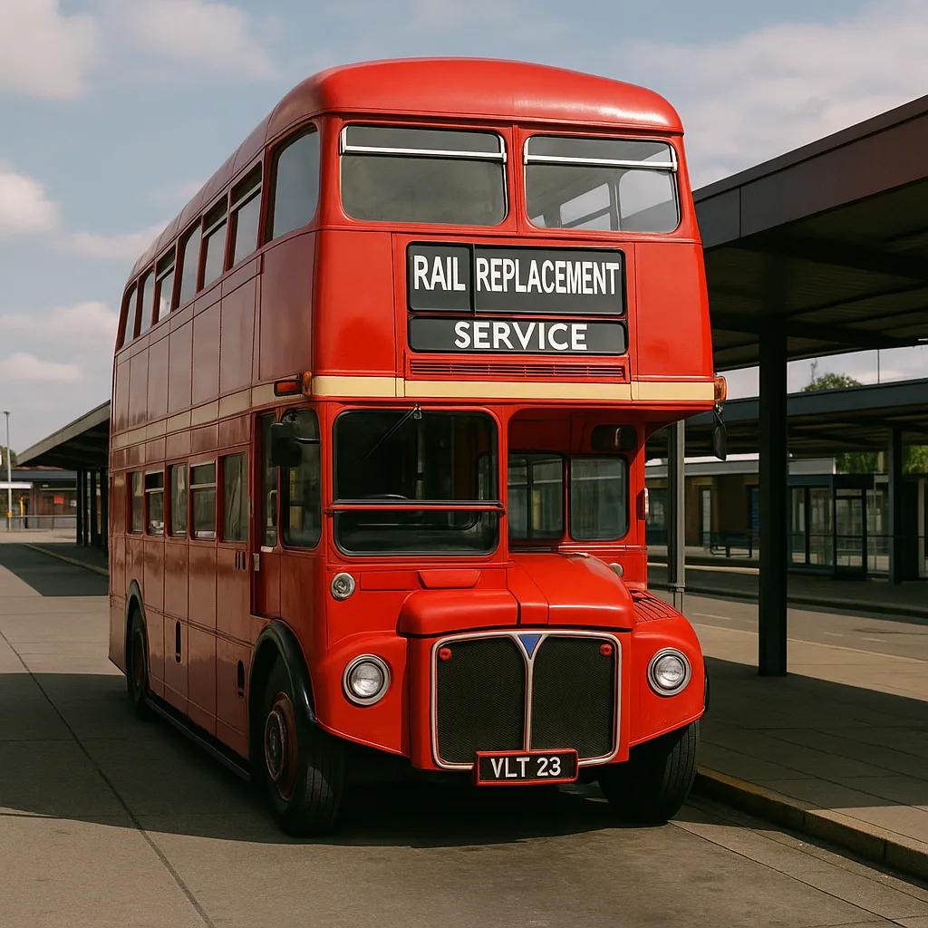 Red Double-decker Bus Labeled "Rail Replacement Service"