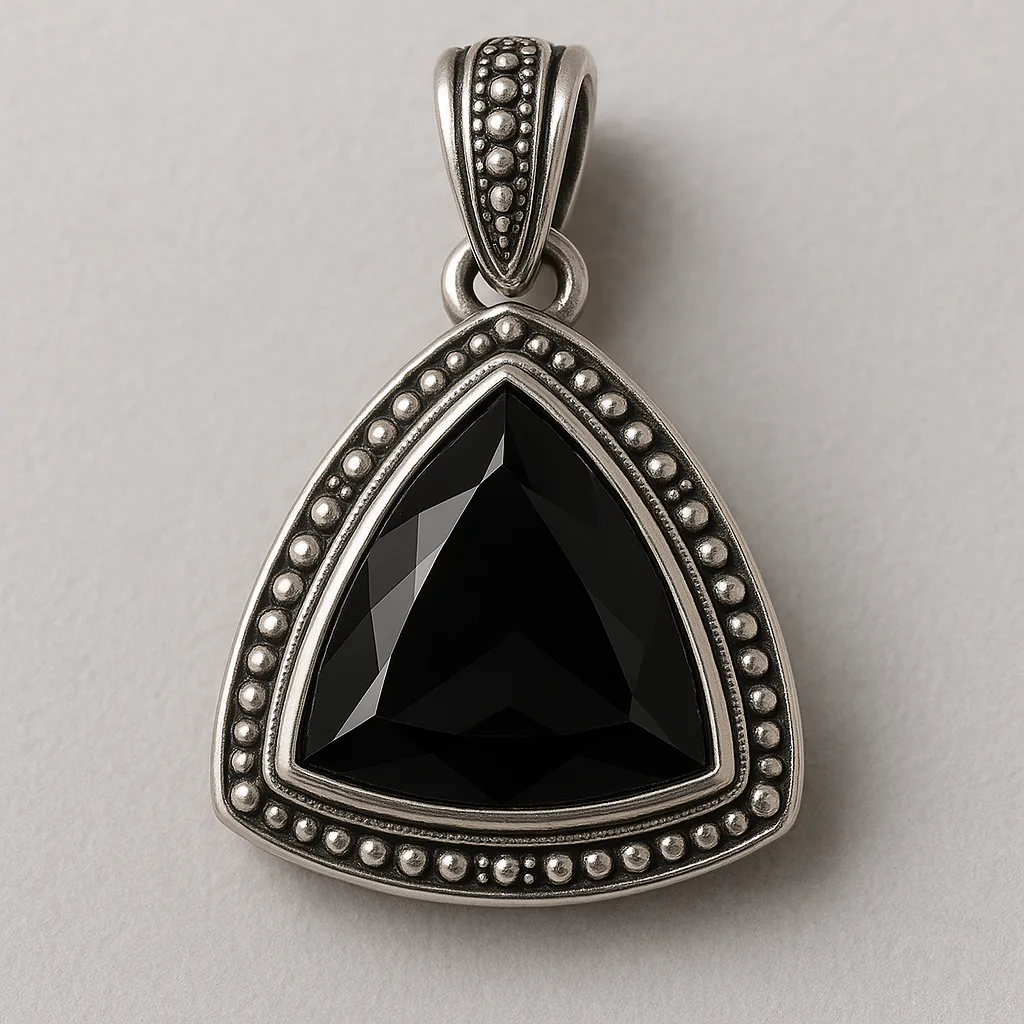 Triangular Black Gemstone Pendant Set in a Silver Decorative Frame