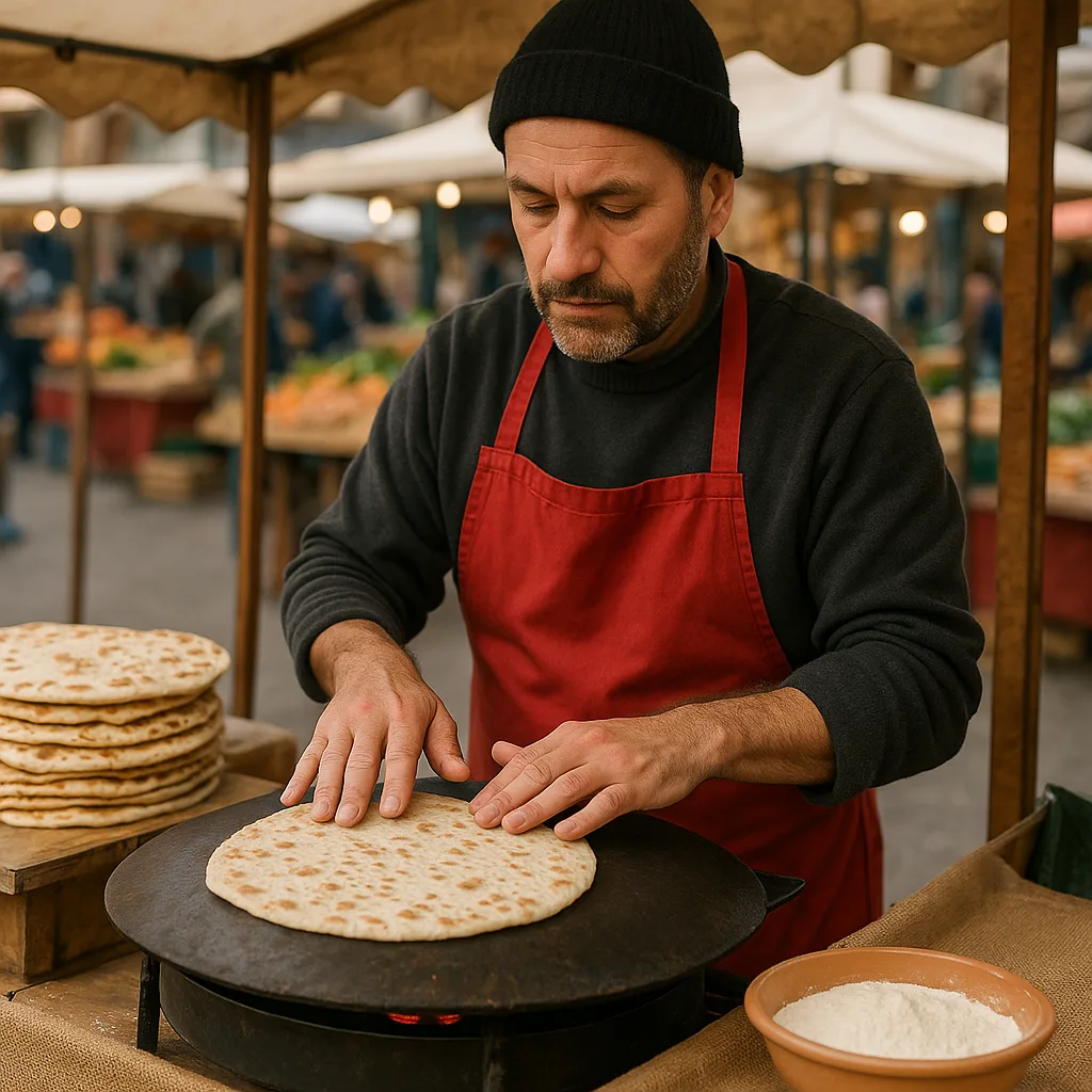 Vendor Wearing a Red Apron Prepares Flatbread on a Round