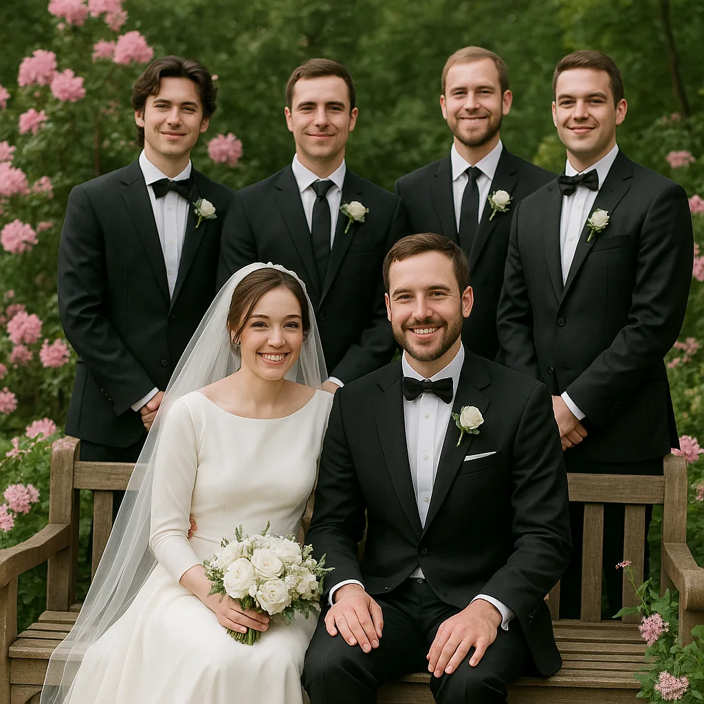 Bride and Groom Sit on a Wooden Bench