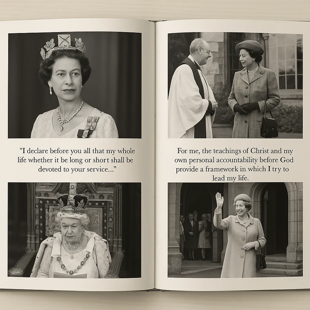 Open Book Displaying Photographs of the Queen in Various Settings