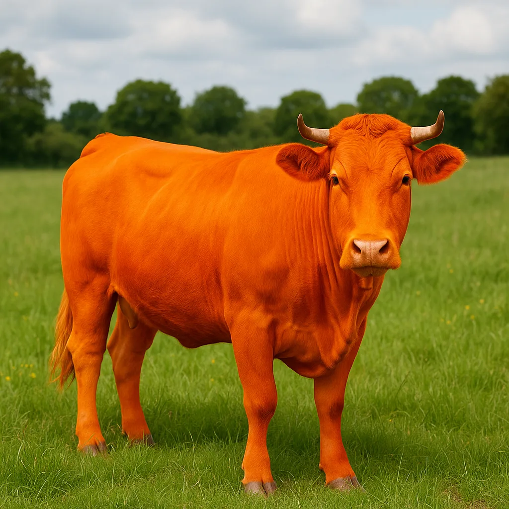 Vivid Tangerine-hued Cow Standing in a Field of Lush Grass