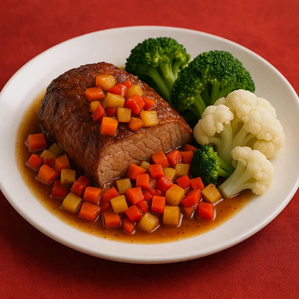 Plate of Roasted Meat with Diced Vegetables