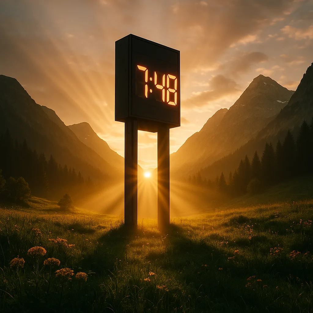 Towering Digital Clock in an Alpine Meadow