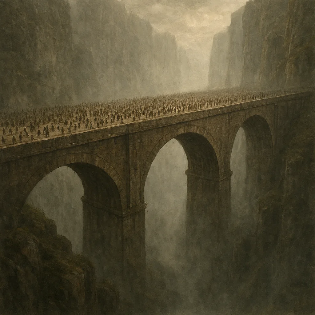 Countless Distant Figures Like Tiny Ants Stream Across a Colossal