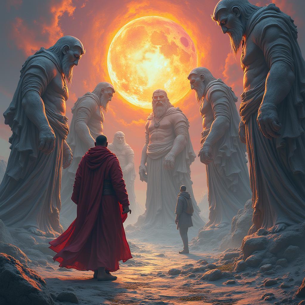 Monk and Lost Soul Among Broken Statues