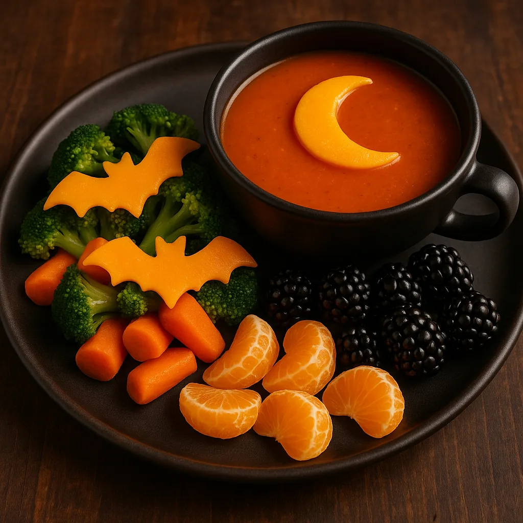 Halloween-themed Meal Featuring Steamed Vegetables with Bat-shaped Cheese