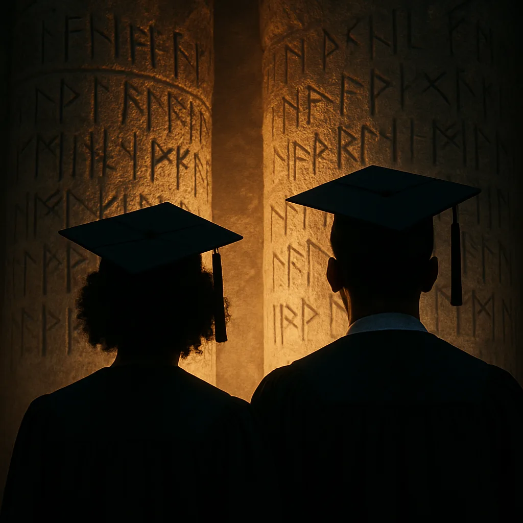 Two Diverse Mortarboards Sit Intensely Backlit Before Massive