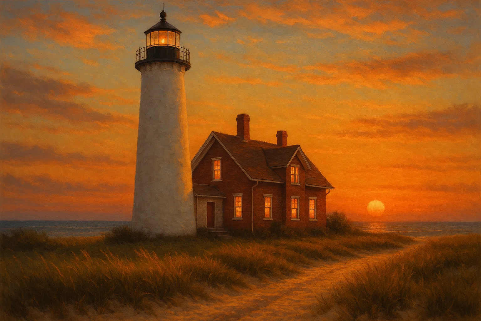 Tall White Lighthouse with an Adjacent Brick House Stands