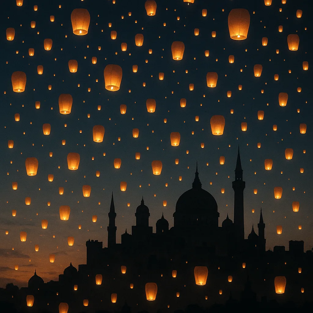 Innumerable Glowing Lanterns Ascend into the Twilight Sky