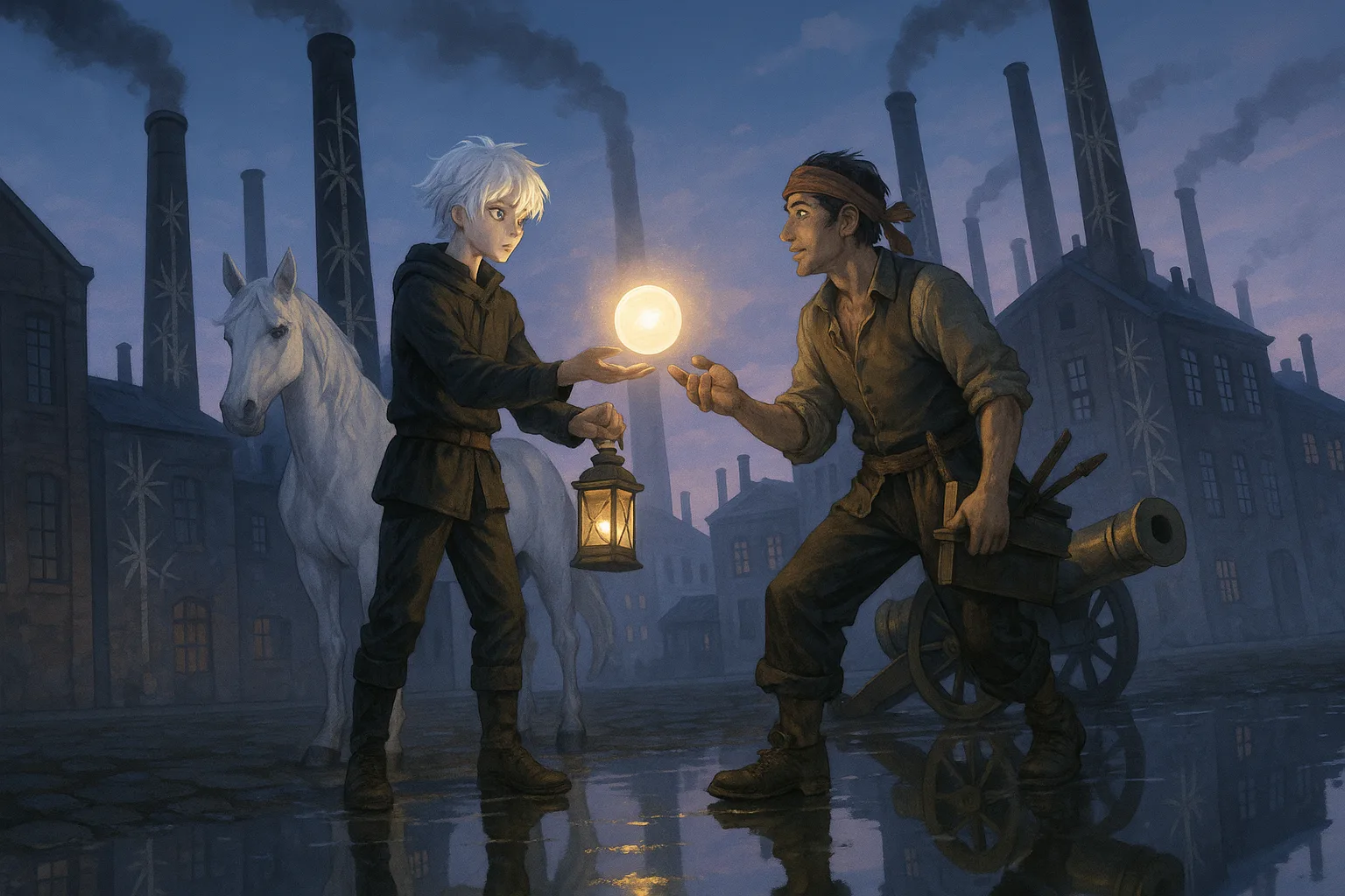 White-haired Youth Holding a Lantern Presents a Glowing Orb