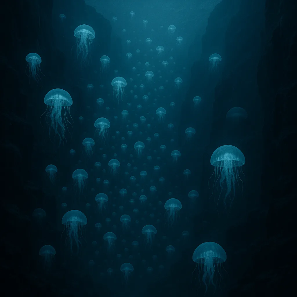 Vast Swarm of Luminous Jellyfish Drifts Serenely