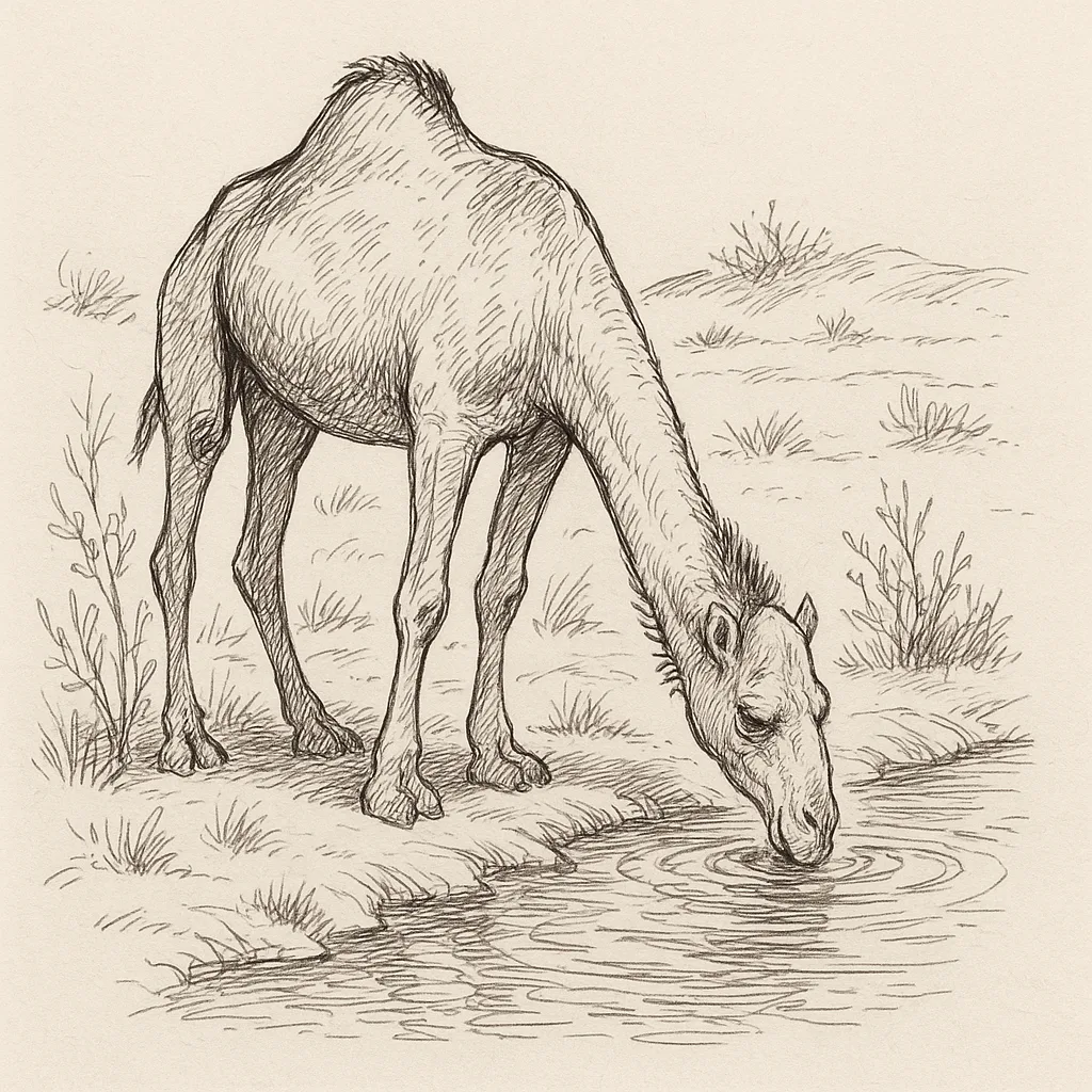 Drawing of a Camel Sipping Water from a Brook