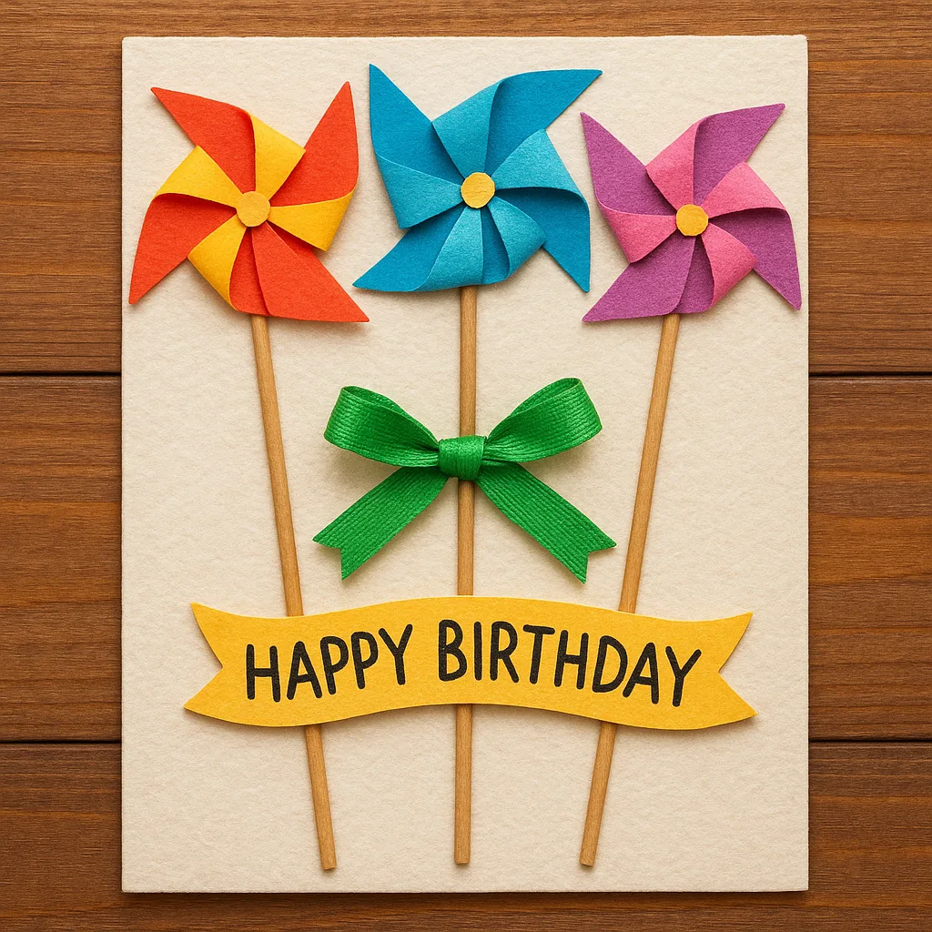 Colorful Handmade Birthday Card Featuring Three Paper Pinwheels on Sticks