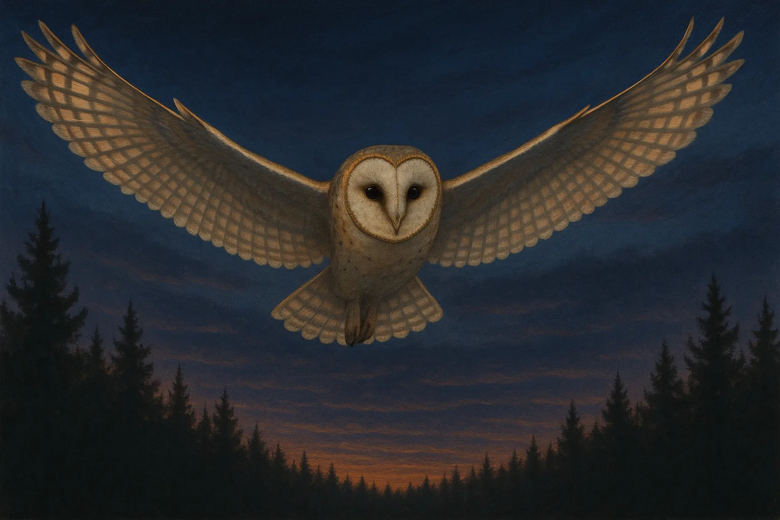 Fully Outstretched Owl Soaring Effortlessly over a Thick Forest
