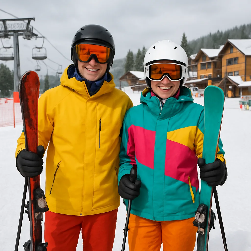 Two People in Colorful Winter Gear Standing in a Snowy