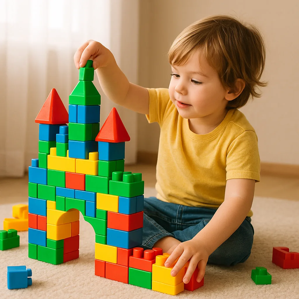 Young Child Is Constructing a Castle Using Vibrant Building Blocks