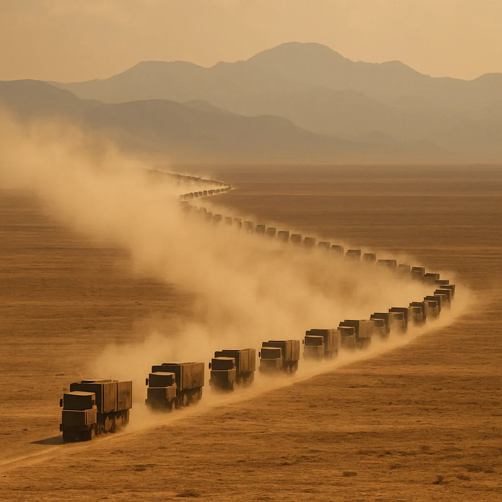 Long Convoy of Numerous Indistinct Trucks Kicks Up a Massive