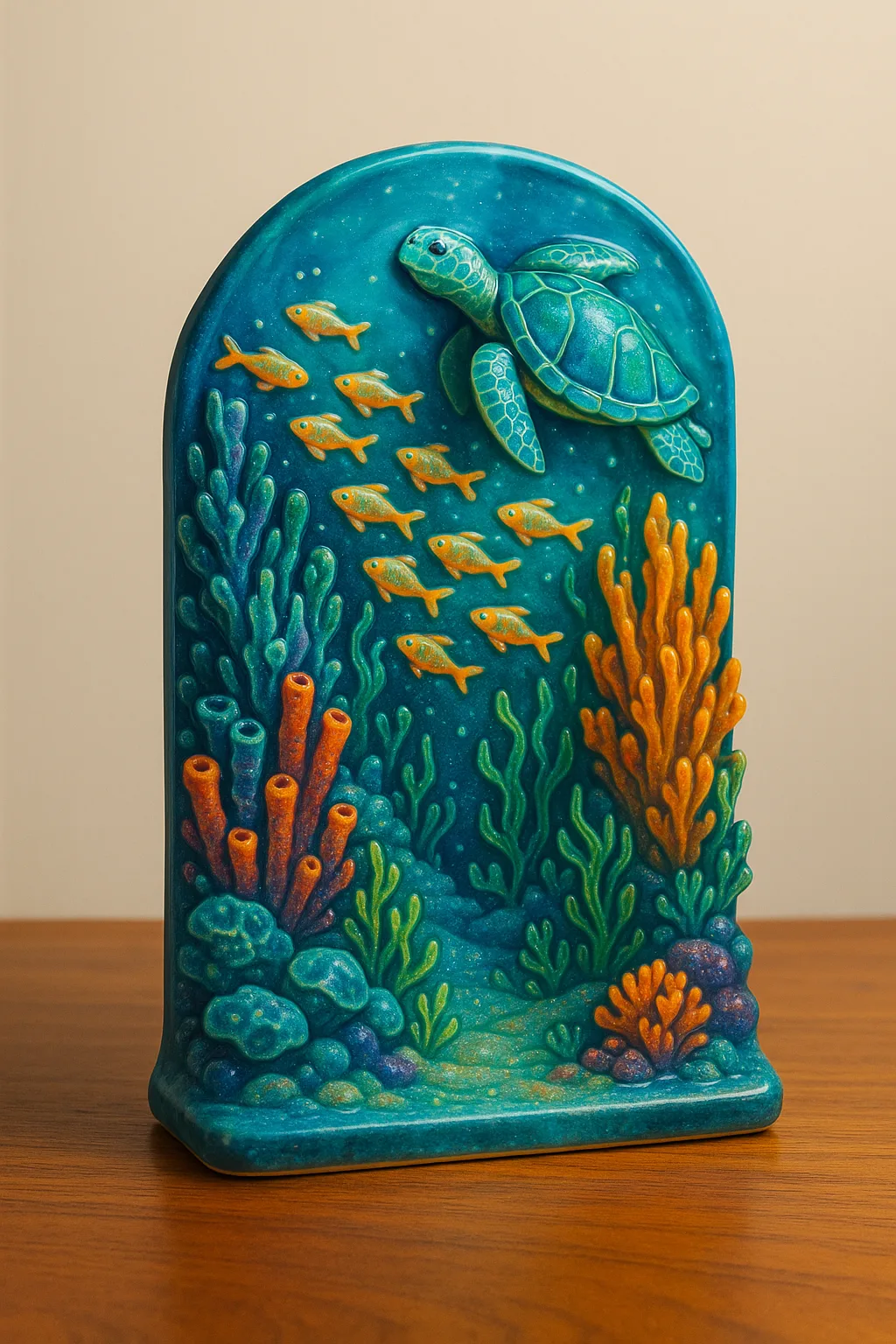 Meticulously Crafted Ceramic Diorama Rests Atop a Polished Wooden Table