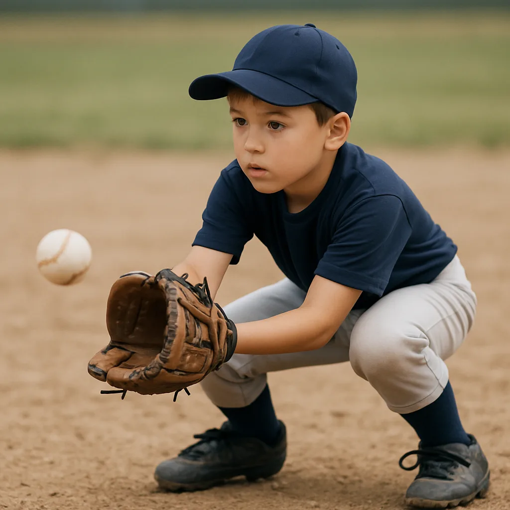 Youth Baseball Player Wearing a Navy Uniform