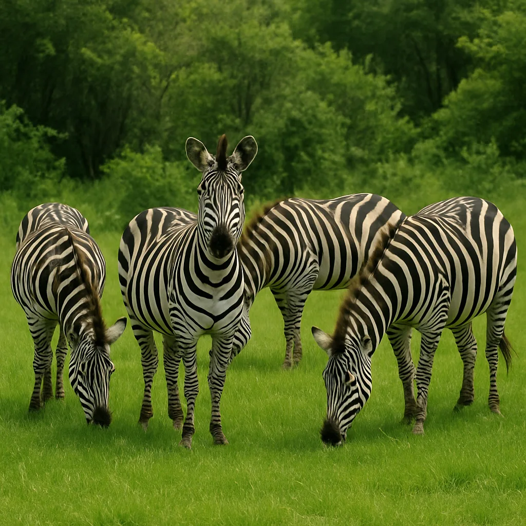 Group of Zebras Grazing on a Green Grassy Field