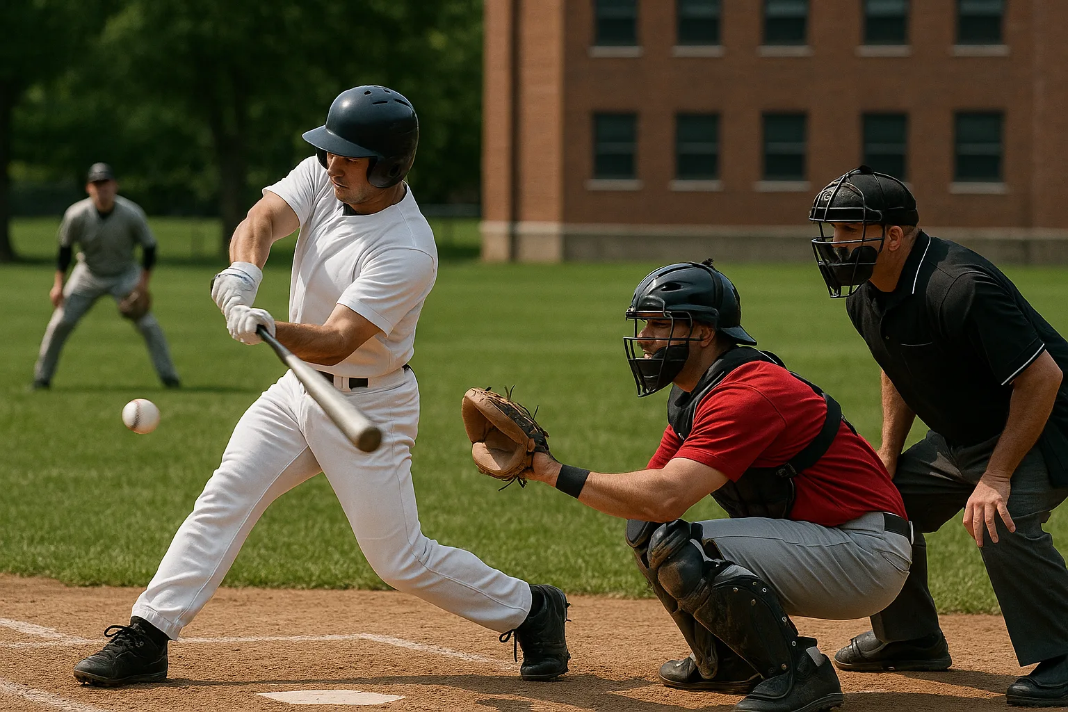 Baseball Player in a White Jersey Swings at a Pitch