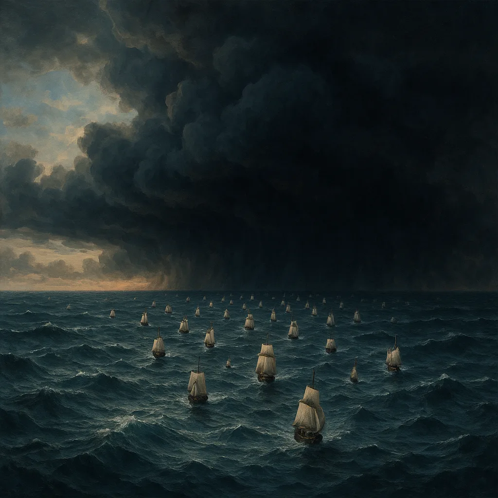 Multitude of Tiny Ships Sails Resolutely Across a Vast