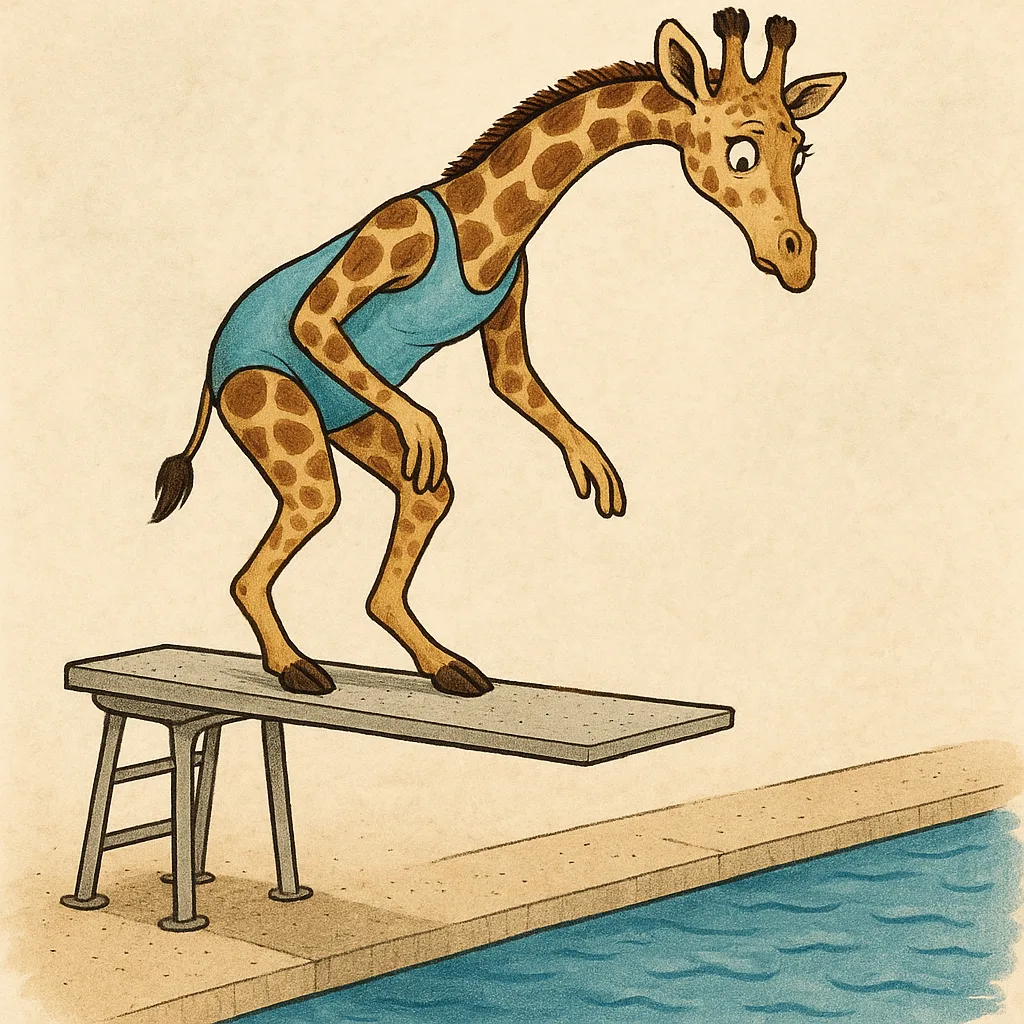Giraffe Wearing a Pale Blue Bathing Suit Carefully Approaches