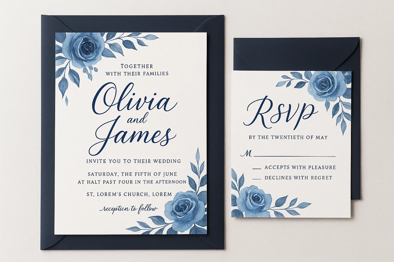 Wedding Invitation Suite Featuring Navy and Blue Colors