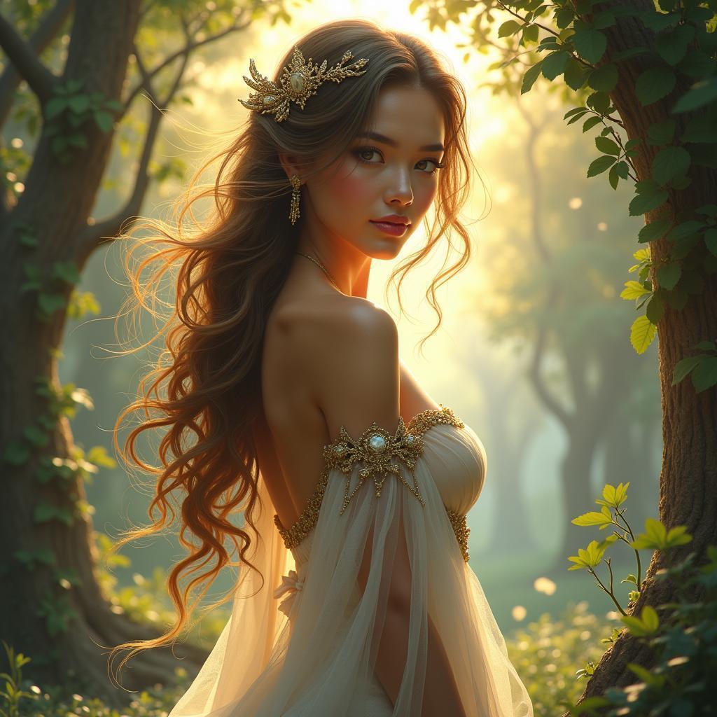 Ethereal Fantasy Heroine in Enchanted Forest Light