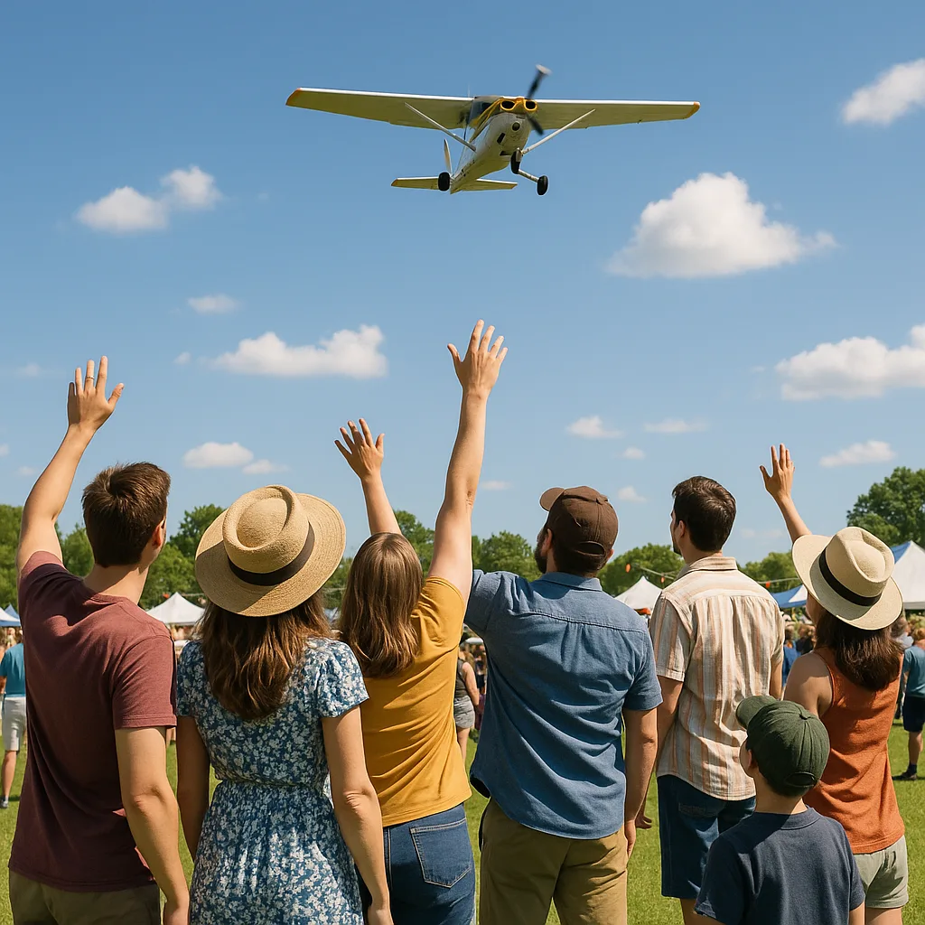 Group of People Watching a Small Airplane Fly Overhead