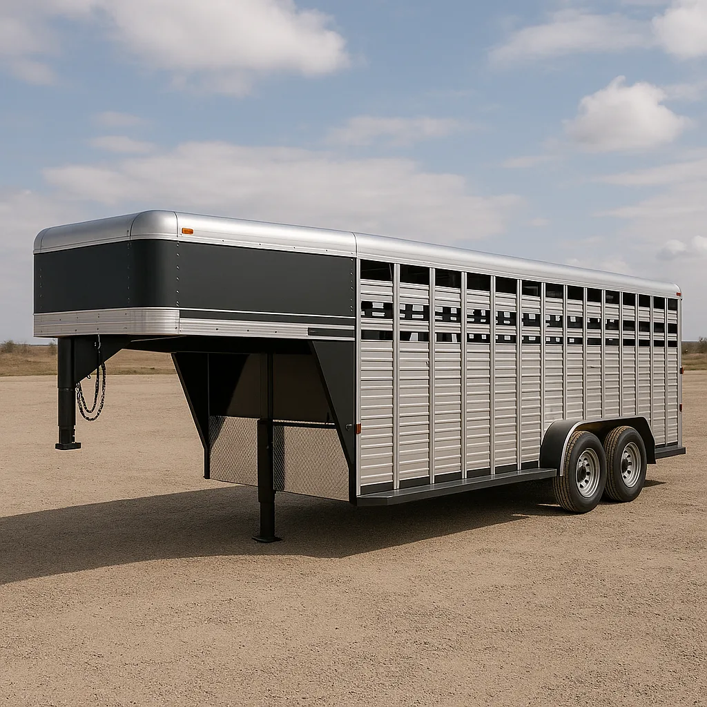 Silver and Black Gooseneck Livestock Trailer Parked on an Open