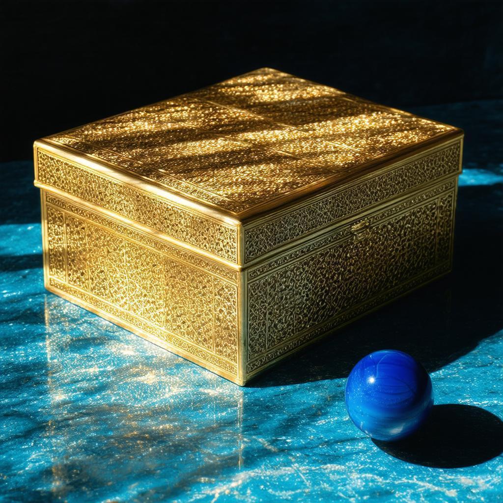 Golden Box and Blue Sphere in Sunlight