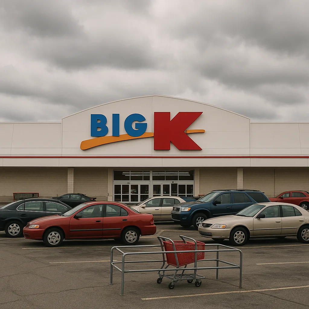"Big Kmart" Storefront with a Parking Lot Featuring Parked Cars